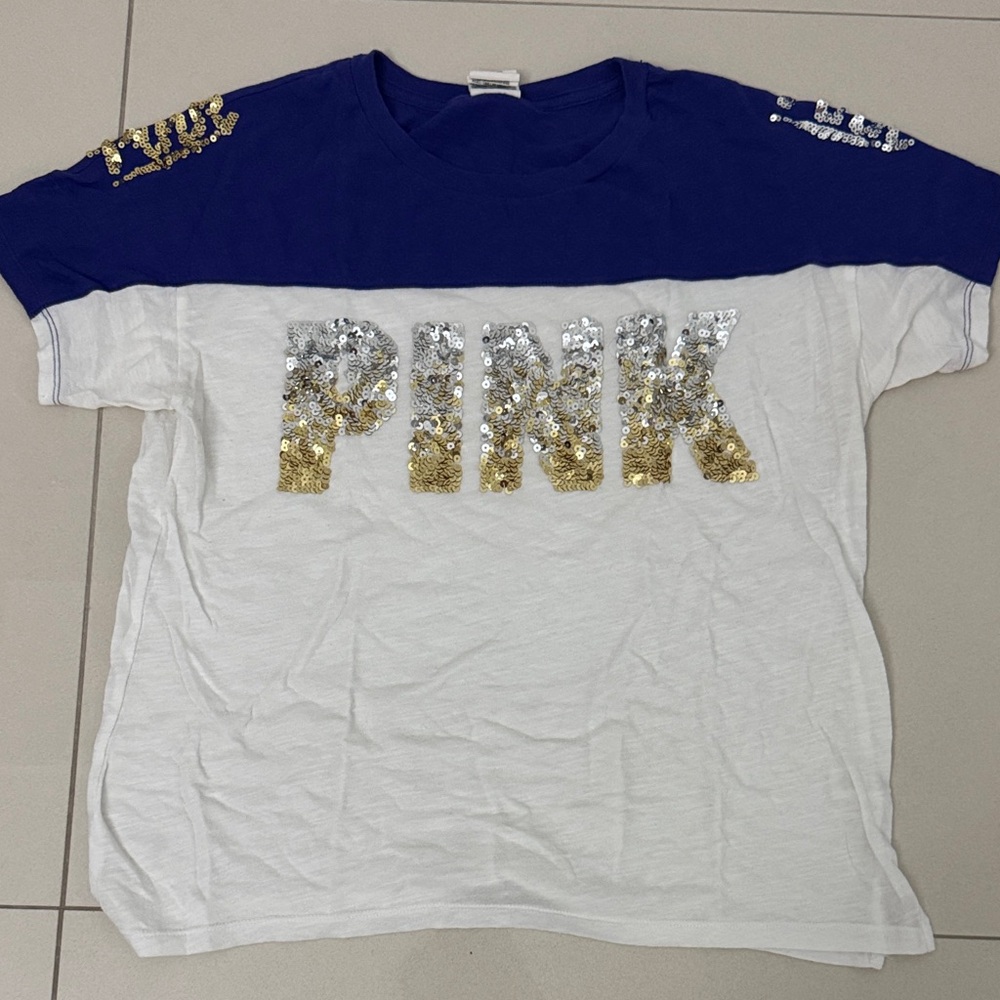 PINK Victoria's Secret Violet Blue and White Sequin Tee